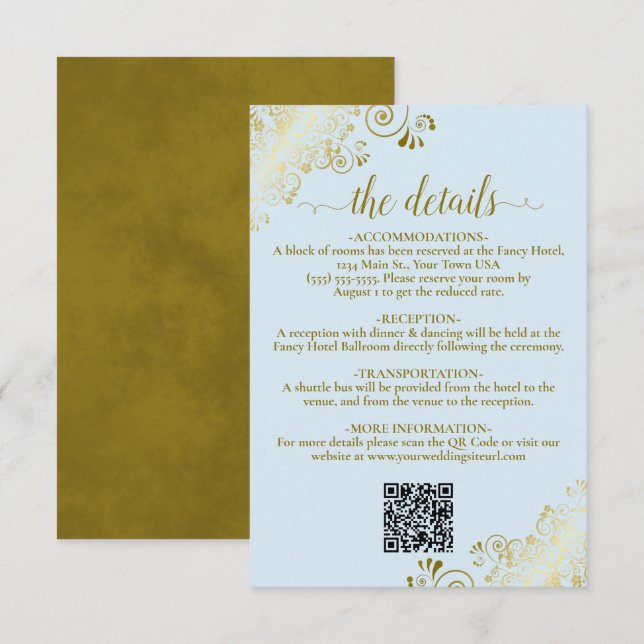Elegant Powder Blue & Gold Wedding QR Code Details Enclosure Card (Front/Back)
