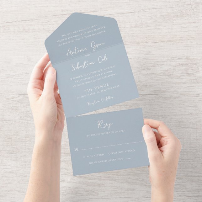 Elegant Powder Blue Modern Wedding All In One Invitation (Tearaway)