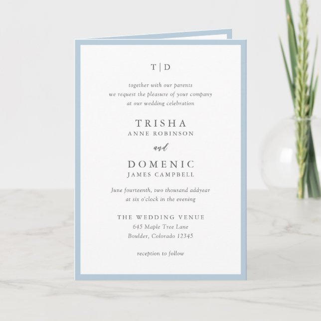 Elegant Powder Blue Monogram Modern Wedding Invitation (Front)