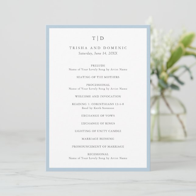 Elegant Powder Blue Monogram Modern Wedding Programme (Standing Front)