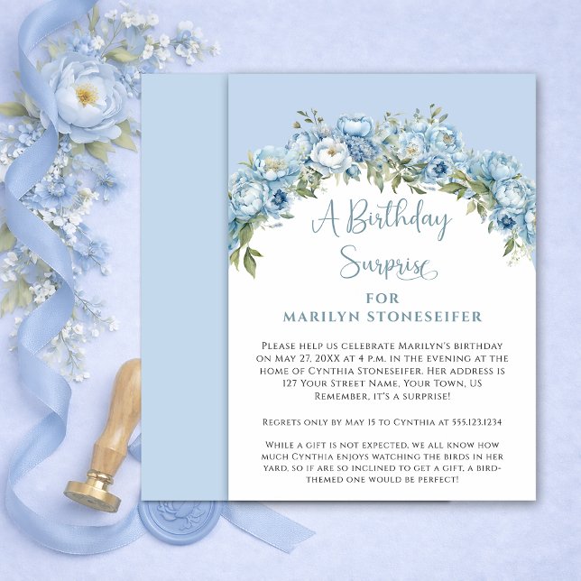 Elegant Powder Blue Peony Floral Birthday Surprise Invitation (Creator Uploaded)