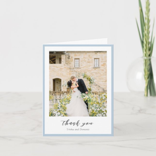 Elegant Powder Blue Photo Modern Wedding Thank You Card (Front)