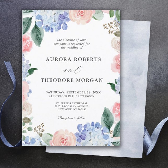 Elegant Powder Blue Pink Hydrangea Formal Wedding Invitation (Dusty blue powder color hydrangea wedding invitation)