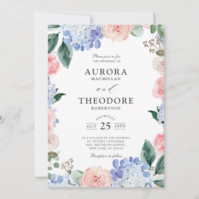 Elegant Powder Blue Pink Hydrangea Formal Wedding Invitation (Front)