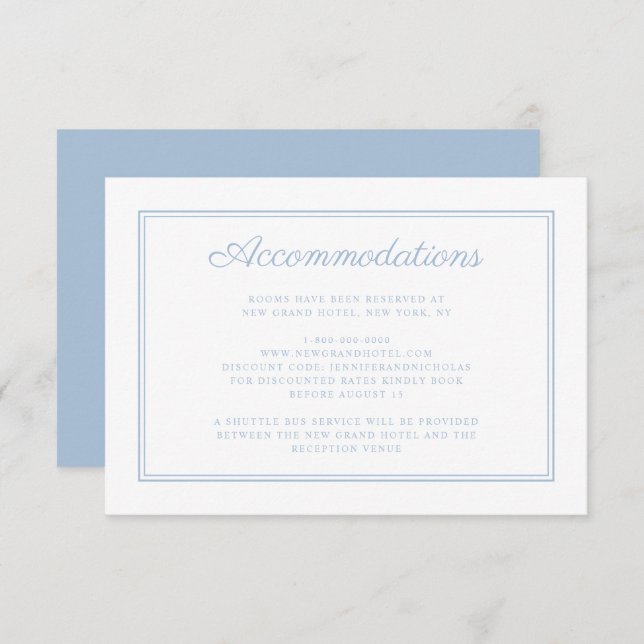 Elegant Powder Blue Script Wedding Accommodation Enclosure Card (Front/Back)