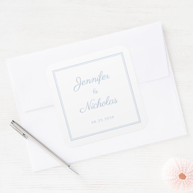 Elegant Powder Blue Script Wedding Square Sticker (Envelope)