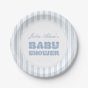 Elegant Powder Blue Striped Pattern Baby Shower Paper Plate