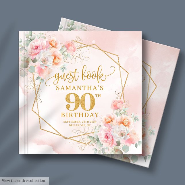 Elegant Powder Pink Gold Flowers 90th Guest Book (Elegant Powder Pink Gold Flowers 90th Guest Book)