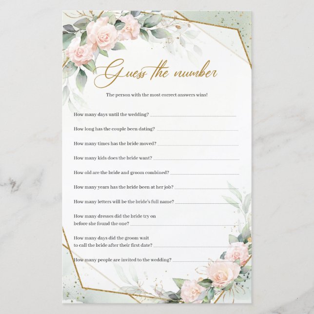 Elegant powder pink roses gold Guess The Number (Front)