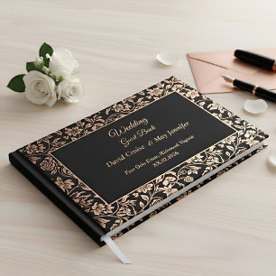 Elegant Premium Black Floral Rose Gold Wedding Guest Book
