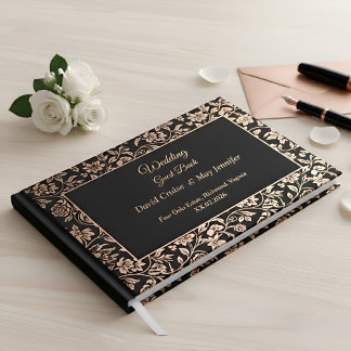 Elegant Premium Black Floral Rose Gold Wedding Guest Book
