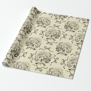 Elegant Preppy Beige Toile Hydrangea Bow Pattern Wrapping Paper