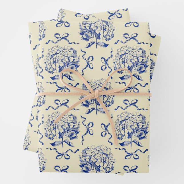 Elegant Preppy Blue Beige Hydrangea Bow Pattern Wrapping Paper Sheet (In situ)