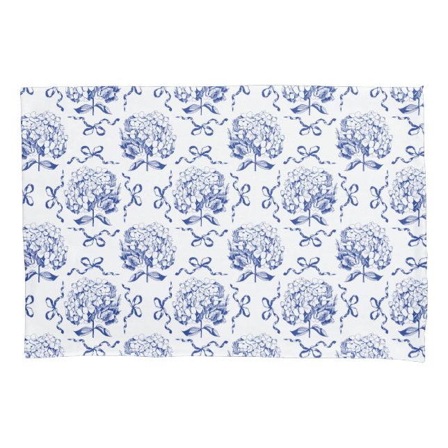 Elegant Preppy Blue Hydrangea Bow Toile Pattern Pillowcase (Front)