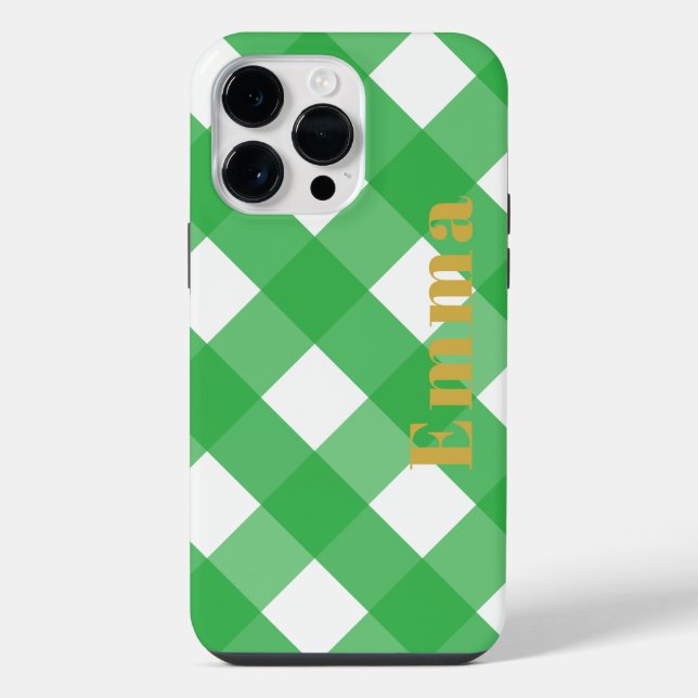 Elegant Preppy Modern Green Plaid Check Monogram iPhone Case (Back)
