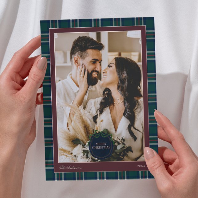 Elegant Preppy Plaid Burgundy Christmas Photo Foil Holiday Card (Creator Uploaded)