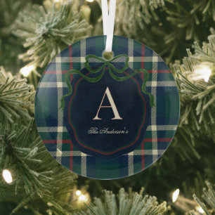 Elegant Preppy Plaid Monogram Christmas Glass Tree Decoration