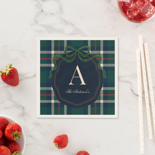 Elegant Preppy Plaid Monogram Christmas Napkin (Insitu)