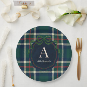 Elegant Preppy Plaid Monogram Christmas Paper Plate