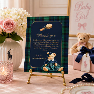 Elegant Preppy Teddy Bear Girl Baby Shower Thank You Card