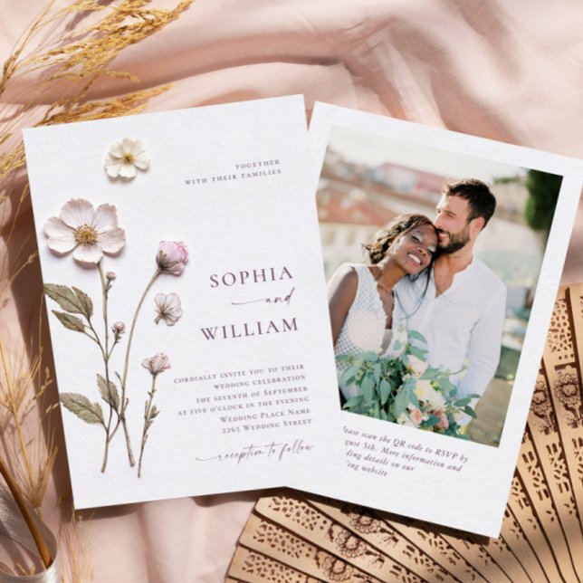 Elegant Pressed Art Pastel Boho Flowers Wedding Invitation (Creator Uploaded)