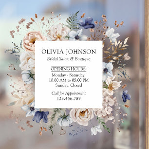 Elegant Pretty Beige Blue Flowers Floral Business Window Cling