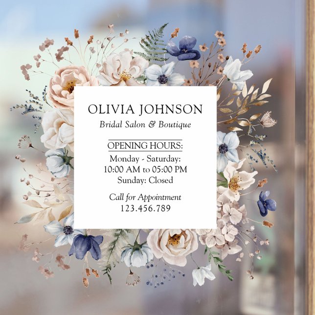 Elegant Pretty Beige Blue Flowers Floral Business Window Cling (In situ)