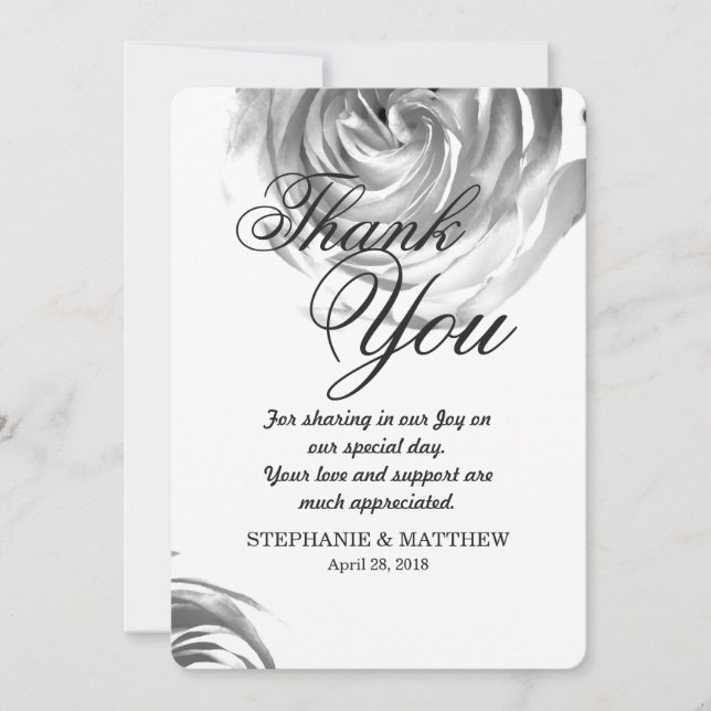 Elegant Pretty Black and White Rose Print Thank You Card (Front)