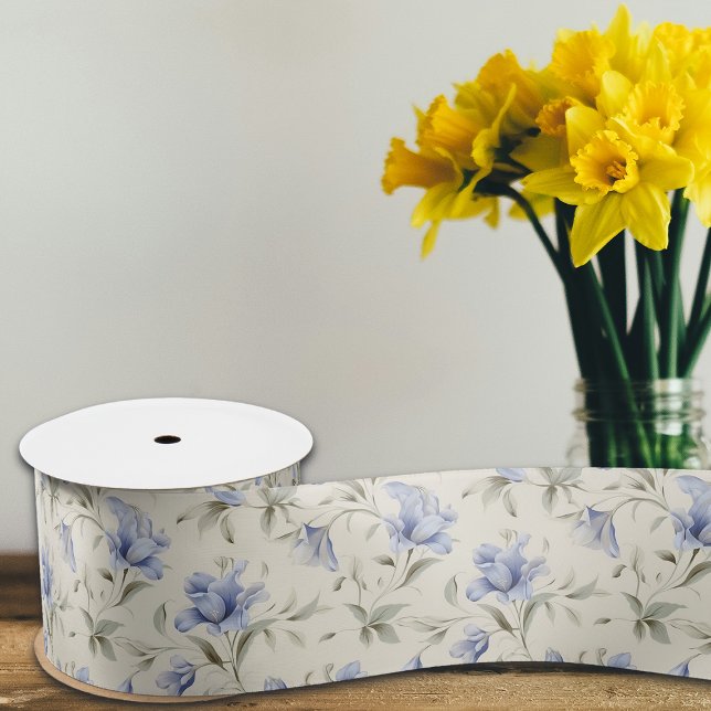 Elegant Pretty Blue Floral on Cream Background Satin Ribbon (Creator Uploaded)