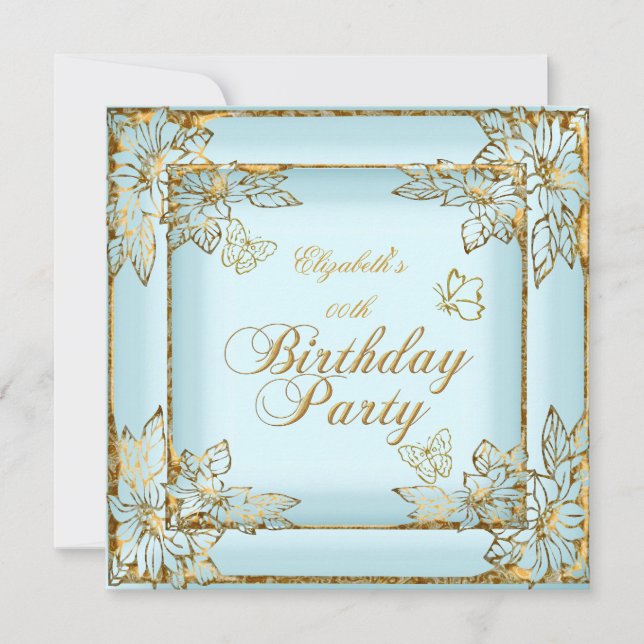 Elegant Pretty Blue Gold Birthday Party Invitation (Front)