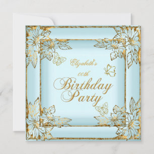 Elegant Pretty Blue Gold Birthday Party Invitation