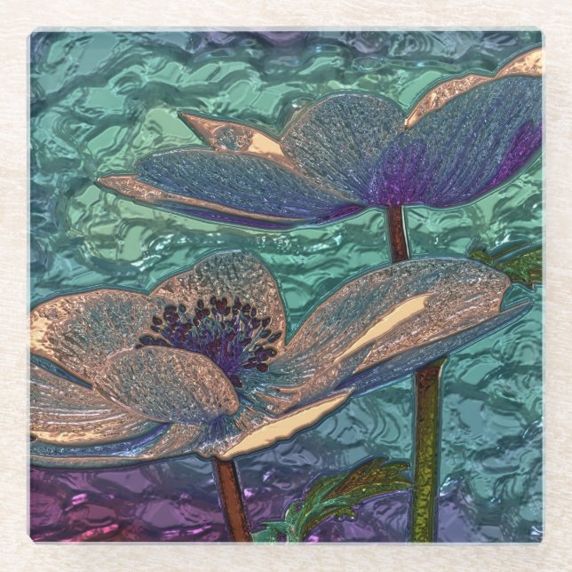 Elegant Pretty Blue Metallised Flowers Art Glass Coaster (Front)