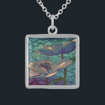 Elegant Pretty Blue Metallised Flowers Art Sterling Silver Necklace<br><div class="desc">Elegant and stylish metallised art with blue flowers. Stained glass look.</div>