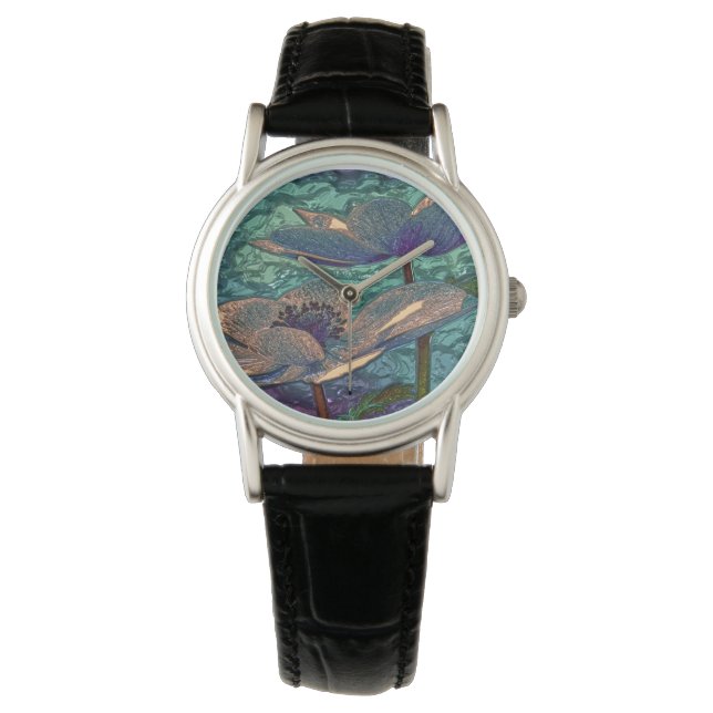 Elegant Pretty Blue Metallised Flowers Art Watch (Front)
