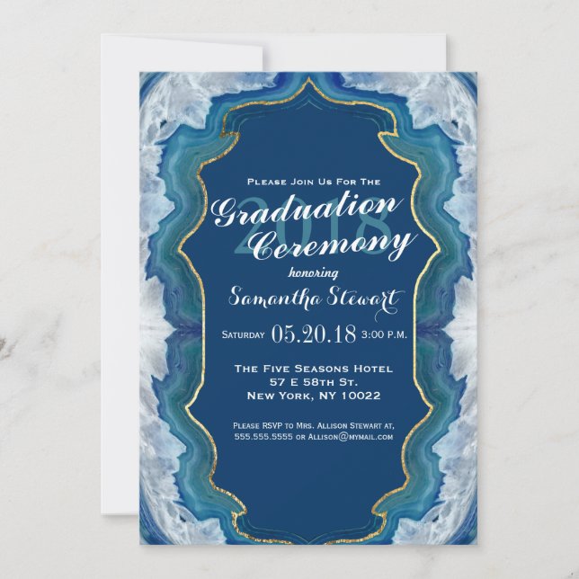 Elegant Pretty Blue Teal Geode Pattern Graduation Invitation (Front)