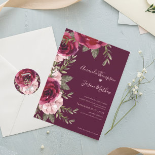 Elegant Pretty Blush Pink Burgundy Floral Wedding Invitation
