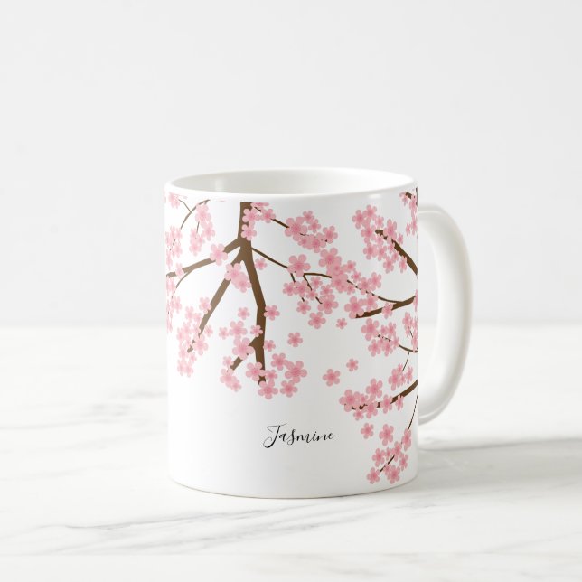 Elegant pretty cherry blossoms sakura calligraphy coffee mug (Front Right)