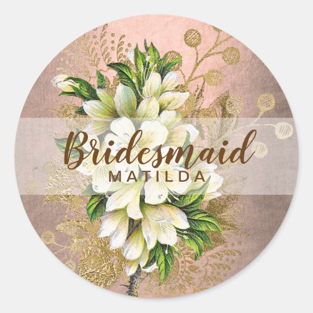 Elegant pretty copper rose gold floral bridesmaid classic round sticker (Front)