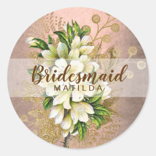 Elegant pretty copper rose gold floral bridesmaid classic round sticker
