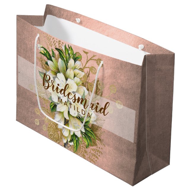 Elegant pretty copper rose gold floral bridesmaid large gift bag (Front Angled)