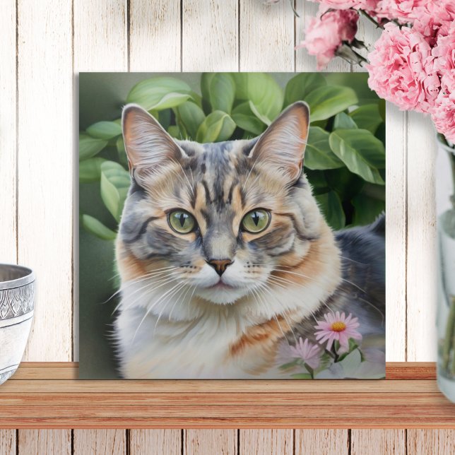 Elegant Pretty Dilute Tortoiseshell Cat In Garden  Tile (A decorative ceramic wall tile with picture of a dilute tortoiseshell cat in a garden with flowers)