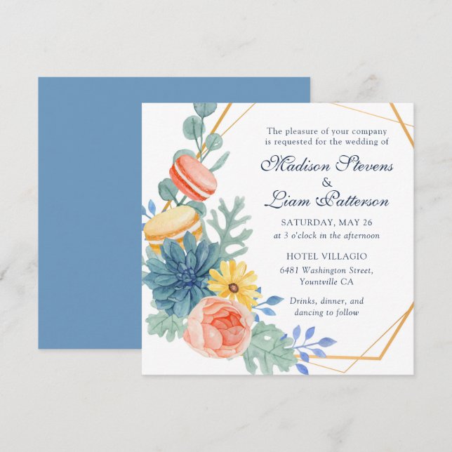 Elegant Pretty Floral Succulent Macaron Wedding Invitation (Front/Back)