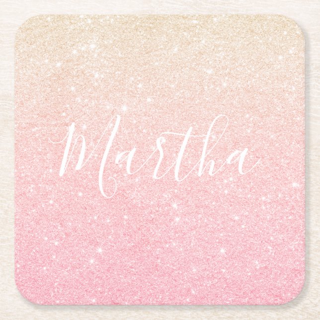 Elegant pretty girly gradient rose gold glitter square paper coaster (Front)