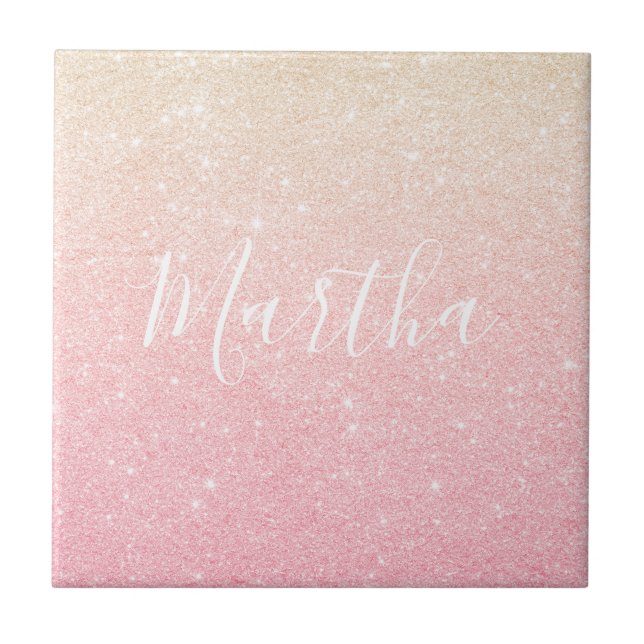 Elegant pretty girly gradient rose gold glitter tile (Front)