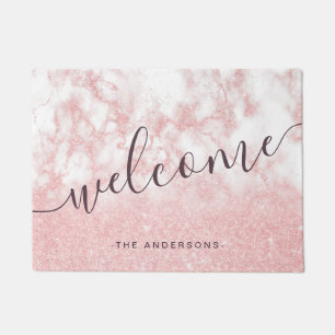 Elegant pretty gradient rose gold glitter marble doormat