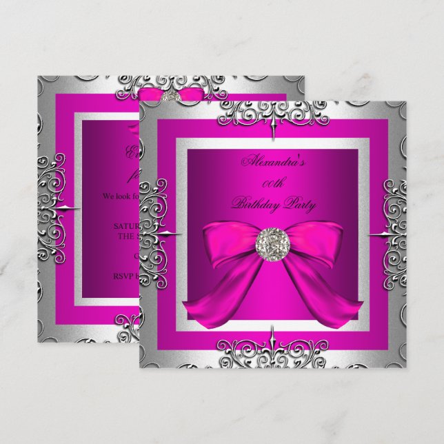 Elegant Pretty Hot Pink Silver Birthday Party Invitation (Front/Back)