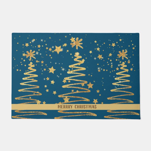 Elegant pretty modern gold tree luxury navy blue doormat (Front)