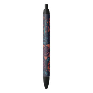 Elegant Pretty Modern Red and Blue Dark Floral Art Black Ink Pen