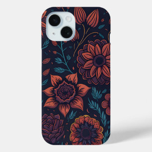 Elegant Pretty Modern Red and Blue Dark Floral Art iPhone 15 Case