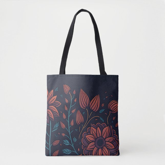 Elegant Pretty Modern Red and Blue Dark Floral Art Tote Bag (Front)